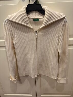 United Colors Of Benetton Ribbed Cream Zip-Up Cardigan